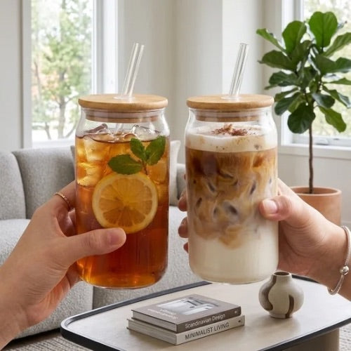 Tumbler Glass With Bamboo Lid & Glass Straw Round - 540ml