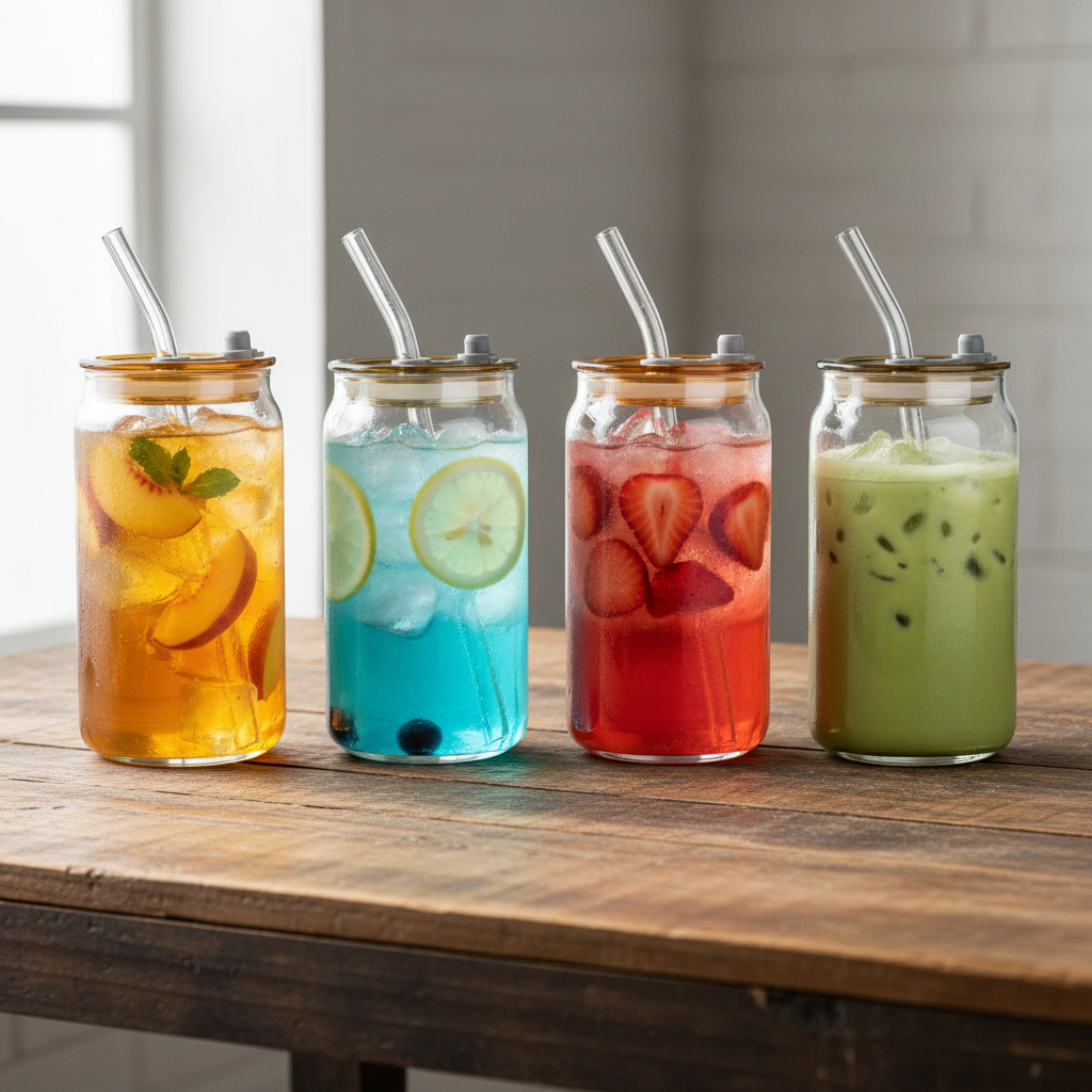 4 Tumblers on Wooden Table