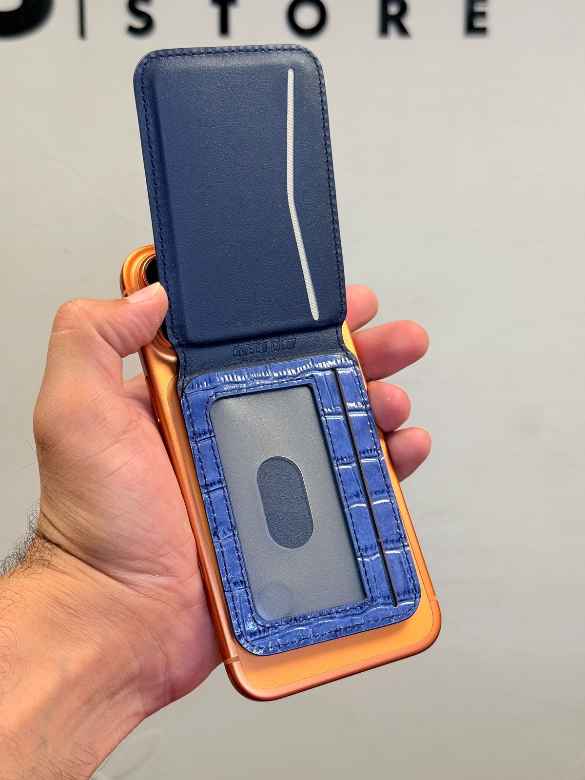 Mini MagSafe Bi Fold Wallet And Phone Stand Genuine Leather Blue