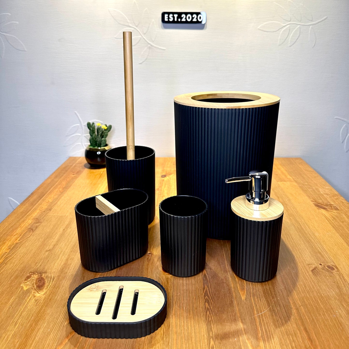Premium Bamboo Wood Top 6-Piece Bathroom Set - Black