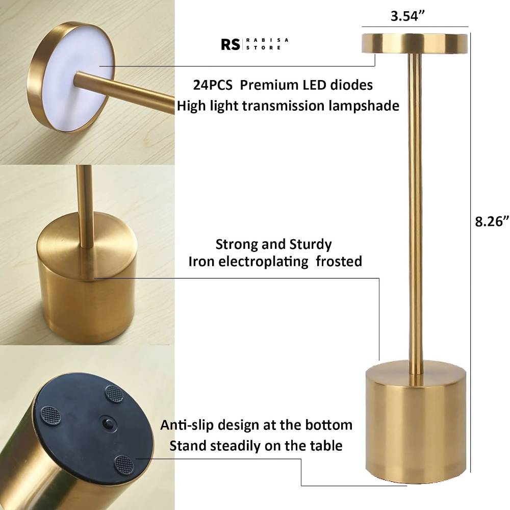 Golden Retro Tall LED Desk Lamp - 3 Light Modes, Dimmable, and USB Rechargeable