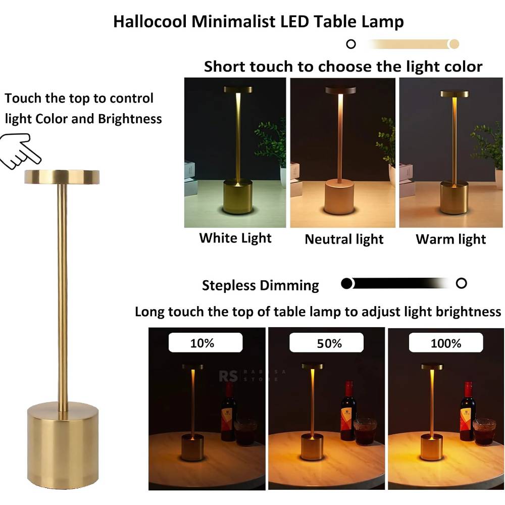 Golden Retro Tall LED Desk Lamp - 3 Light Modes, Dimmable, and USB Rechargeable