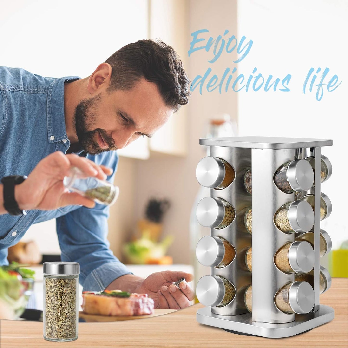 Rotating Spice Carousel Set - 16 Glass Jars with Stainless Steel Frame
