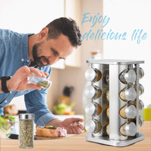 Load image into Gallery viewer, Rotating Spice Carousel Set - 16 Glass Jars with Stainless Steel Frame
