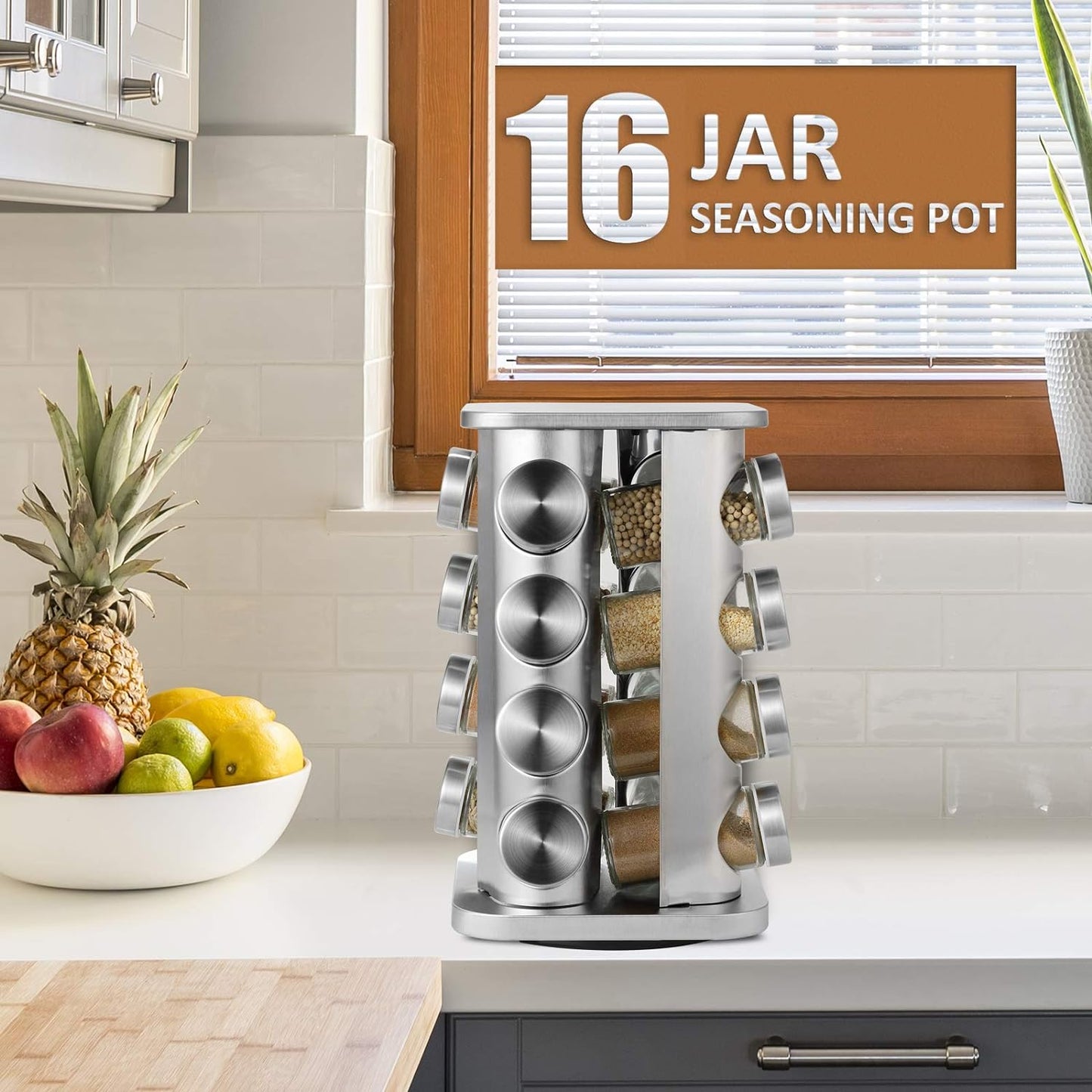 Rotating Spice Carousel Set - 16 Glass Jars with Stainless Steel Frame