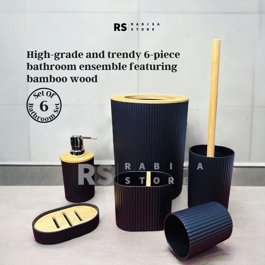 Premium Bamboo Wood Top 6-Piece Bathroom Set - Black