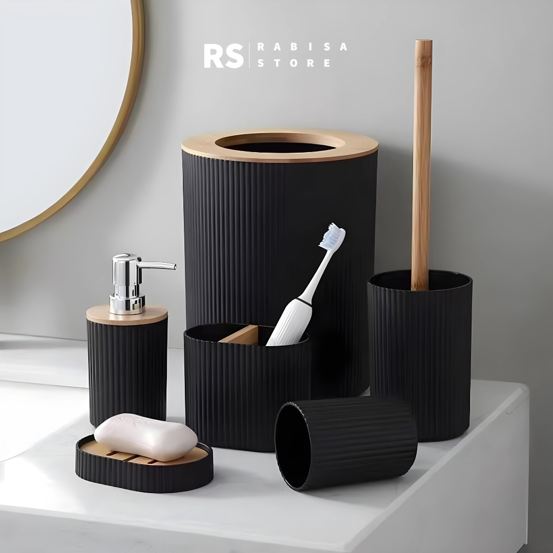 Premium Bamboo Wood Top 6-Piece Bathroom Set - Black
