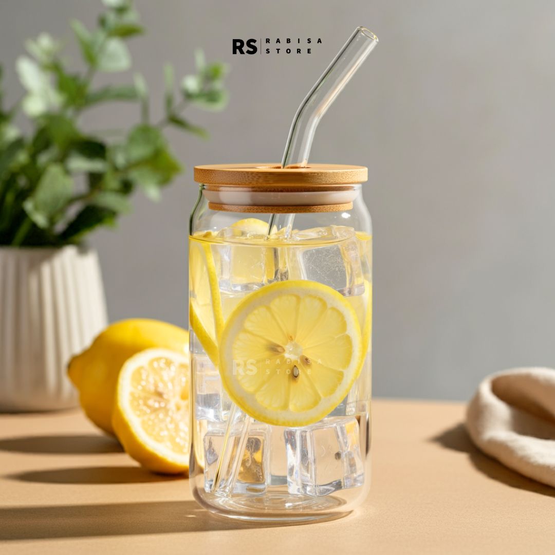 Tumbler Glass With Bamboo Lid & Glass Straw Round - 540ml
