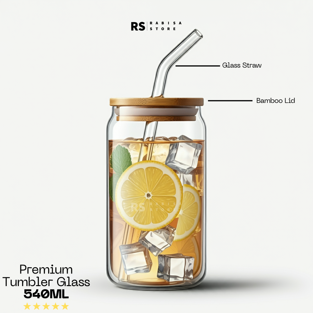 Tumbler Glass With Bamboo Lid & Glass Straw Round - 540ml