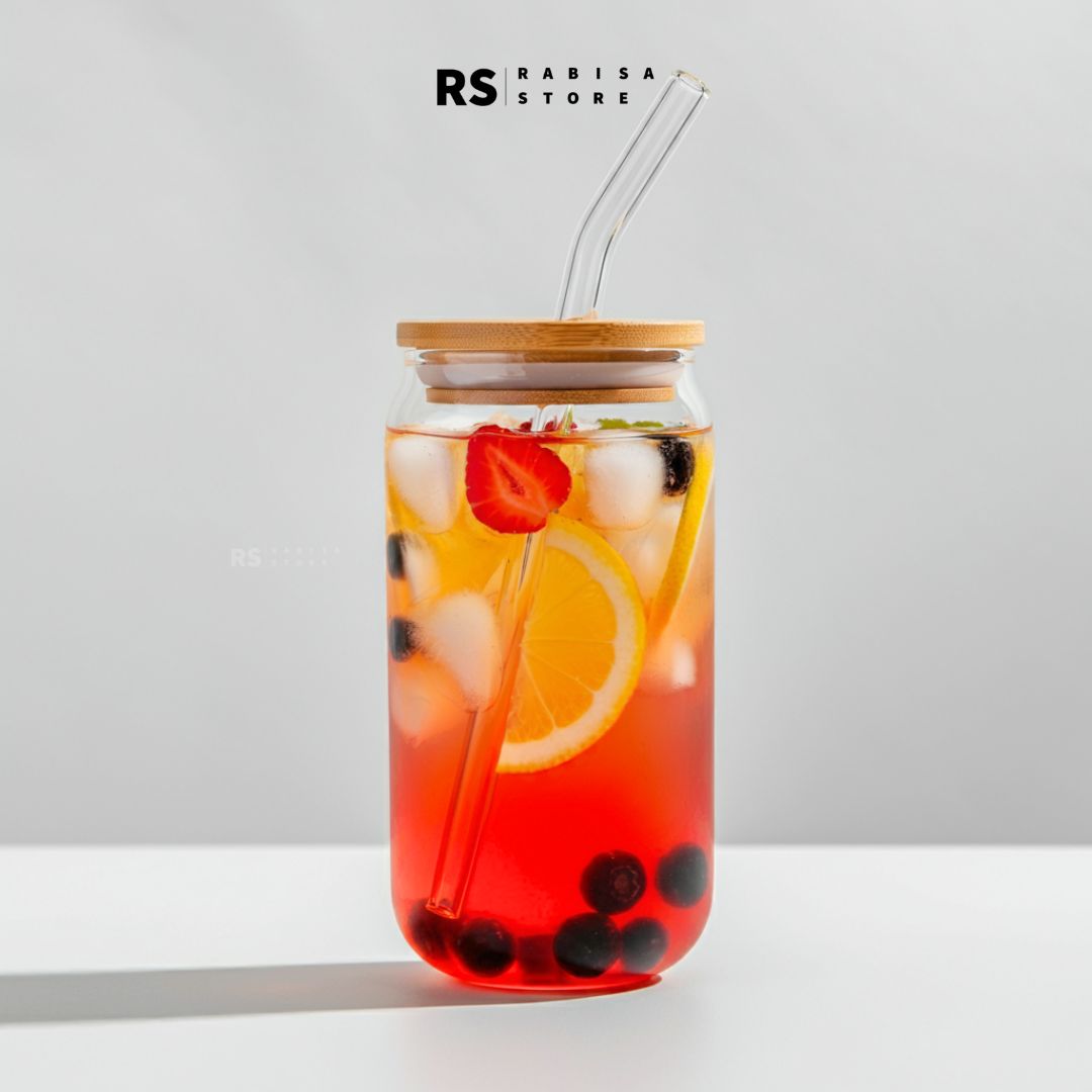 Tumbler Glass With Bamboo Lid & Glass Straw Round - 540ml