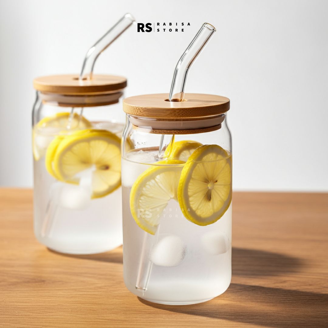 Tumbler Glass With Bamboo Lid & Glass Straw Round - 540ml
