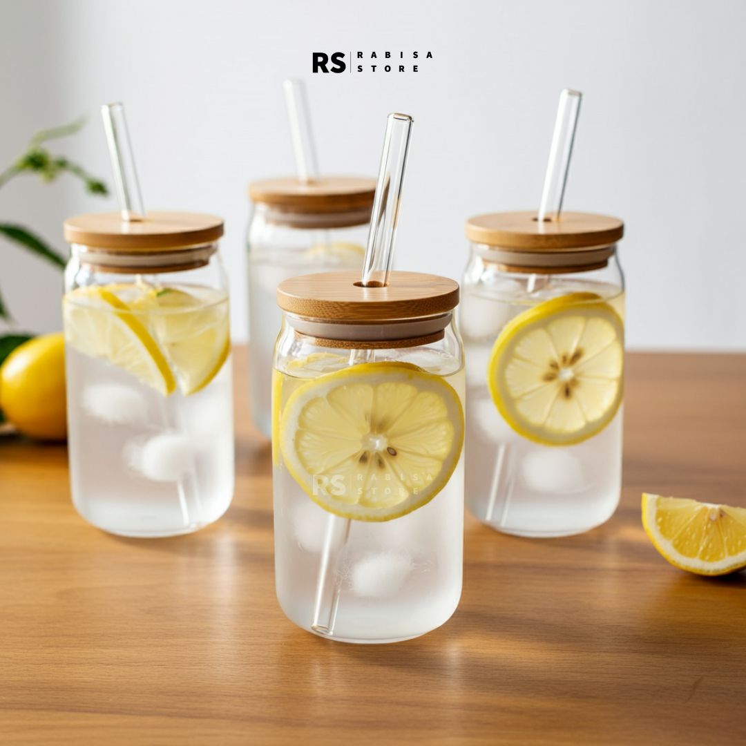 Tumbler Glass With Bamboo Lid & Glass Straw Round - 540ml
