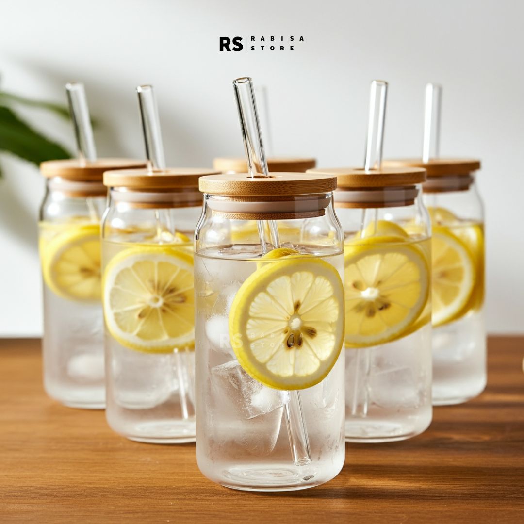 Tumbler Glass With Bamboo Lid & Glass Straw Round - 540ml