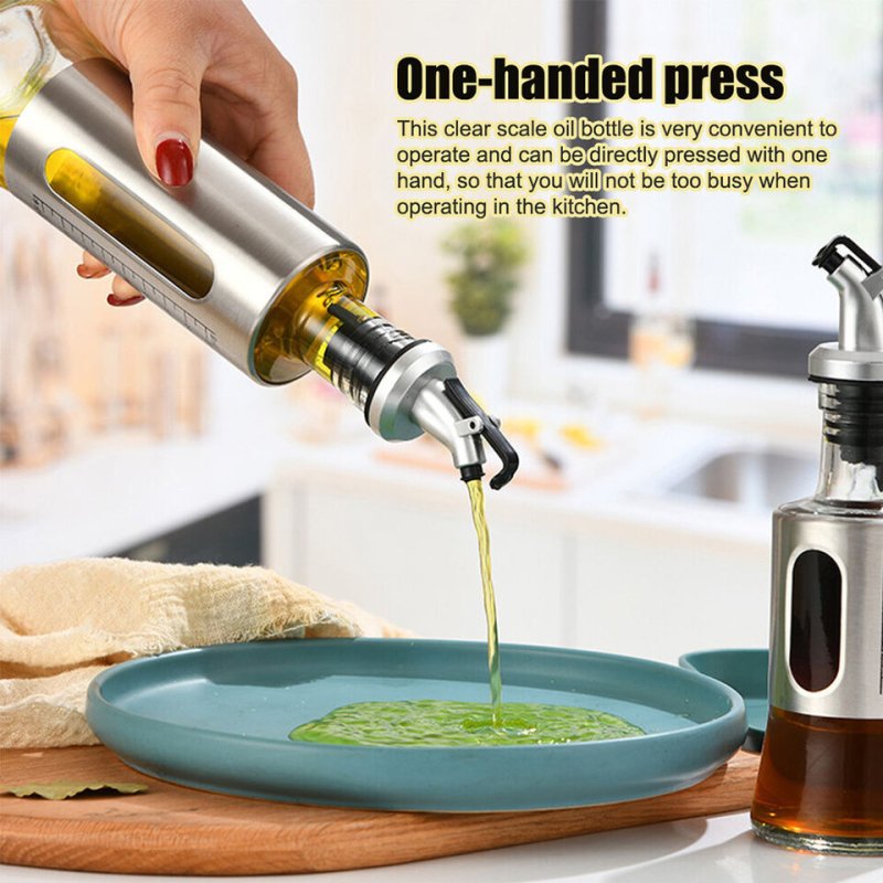 Glass and Stainless Steel Oil-Vinegar Dispenser with Measuring Scale Leakproof Cruet Bottle - 300ML