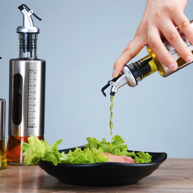 Glass and Stainless Steel Oil-Vinegar Dispenser with Measuring Scale Leakproof Cruet Bottle - 300ML