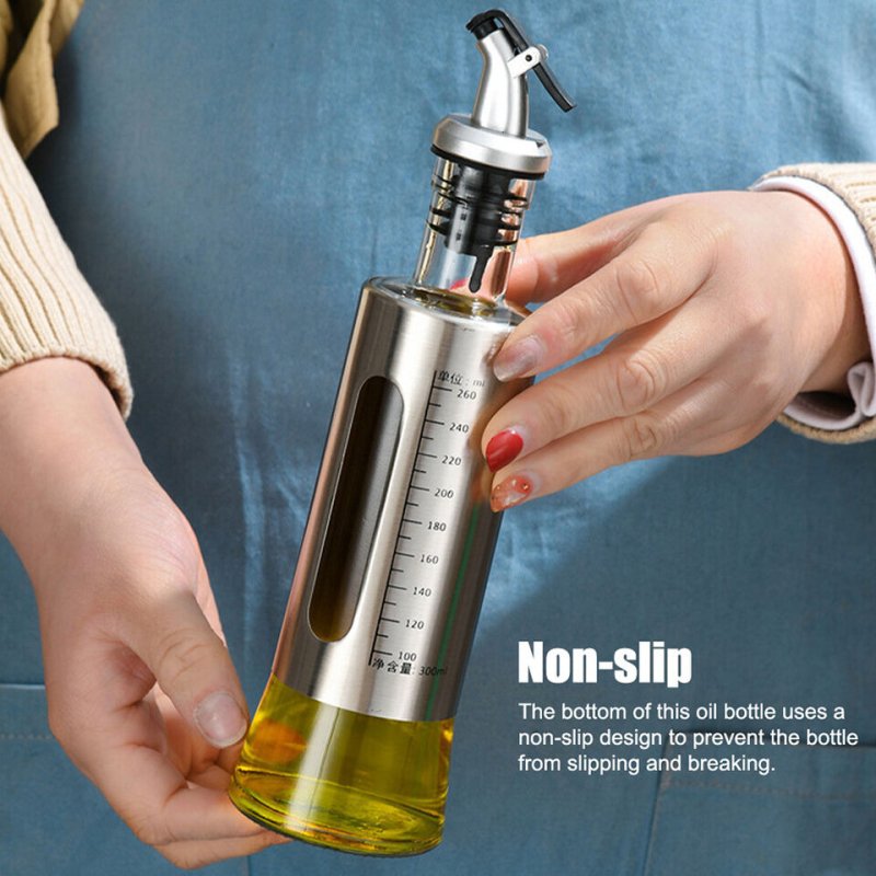 Glass and Stainless Steel Oil-Vinegar Dispenser with Measuring Scale Leakproof Cruet Bottle - 300ML