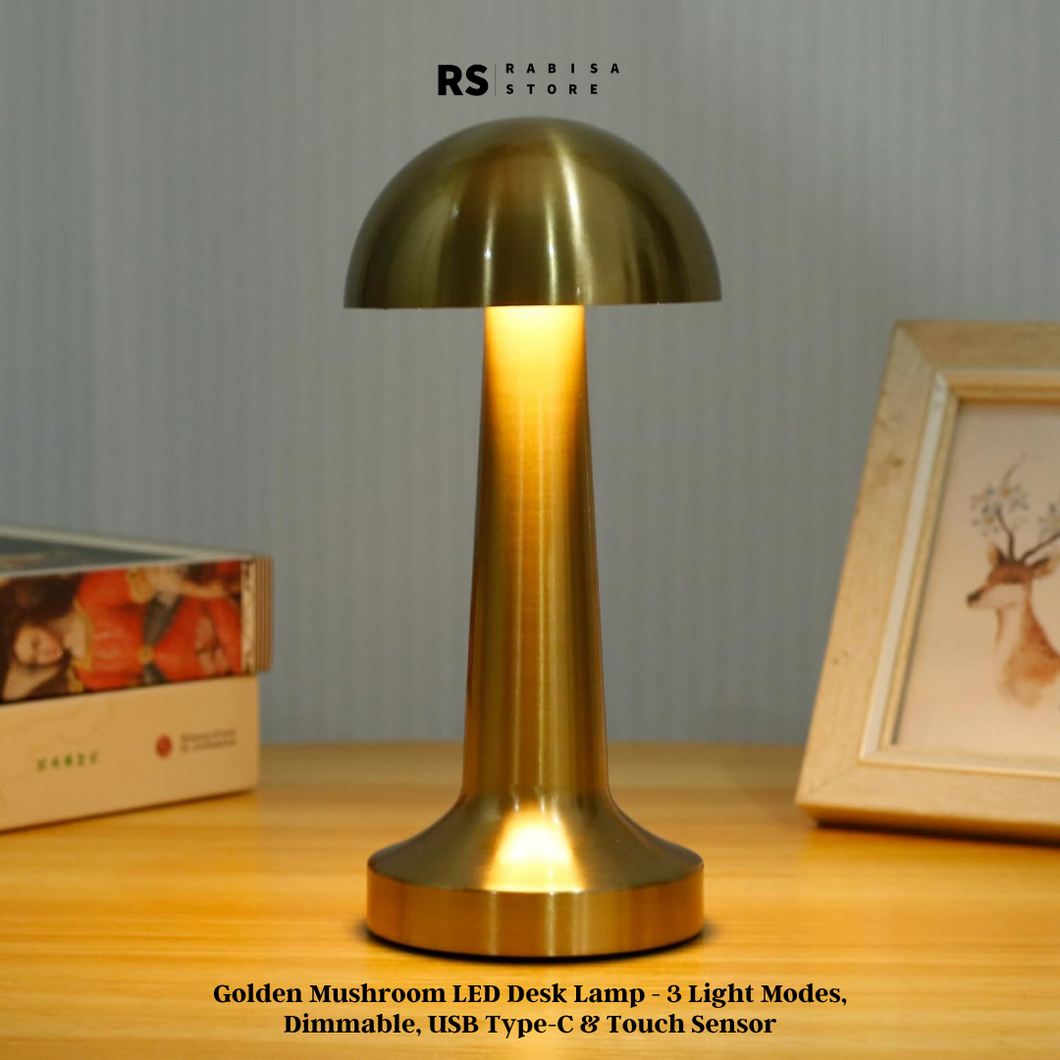Golden Mushroom LED Desk Lamp - 3 Light Modes, Dimmable, USB Type-C & Touch Sensor
