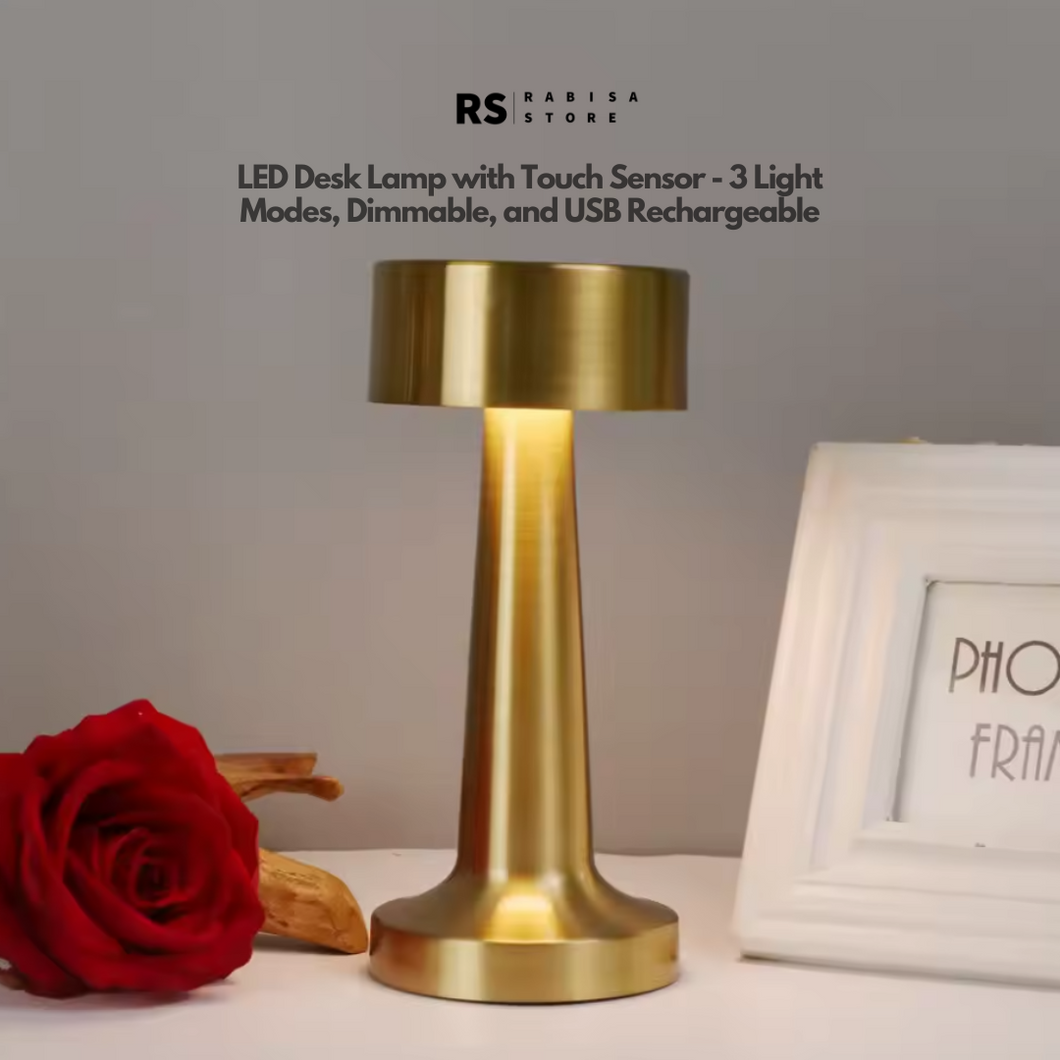 Golden LED Desk Lamp with Touch Sensor - 3 Light Modes, Dimmable, and USB Rechargeable