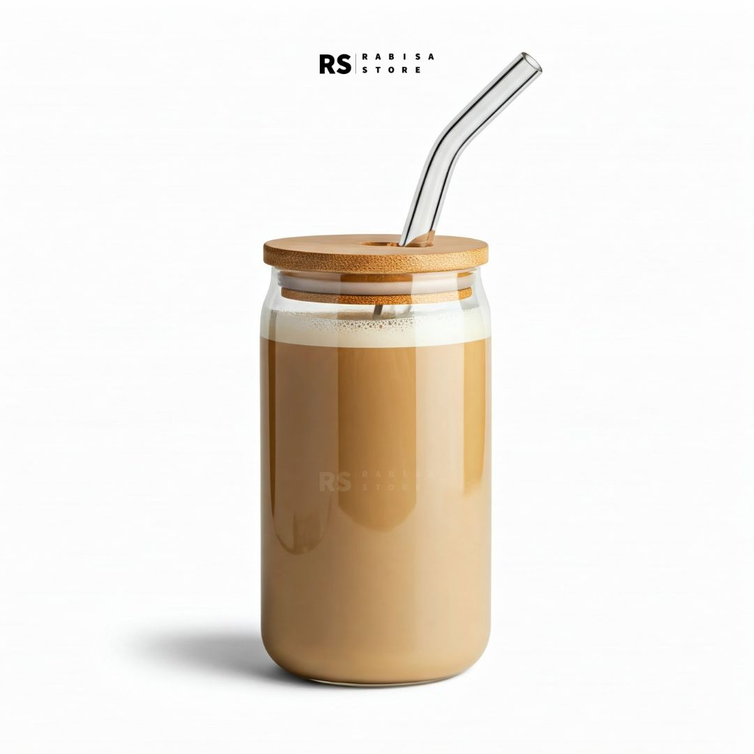 Tumbler Glass With Bamboo Lid & Glass Straw Round - 540ml