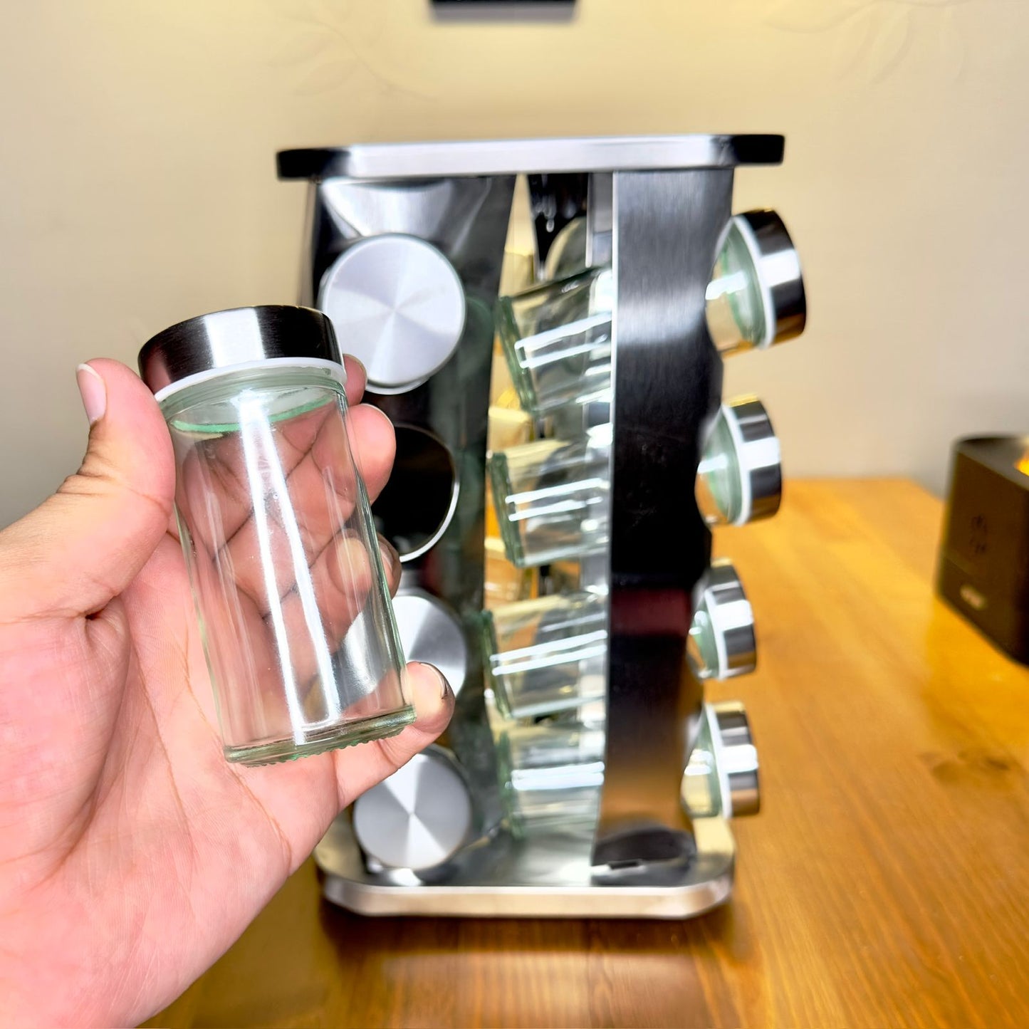 Rotating Spice Carousel Set - 16 Glass Jars with Stainless Steel Frame