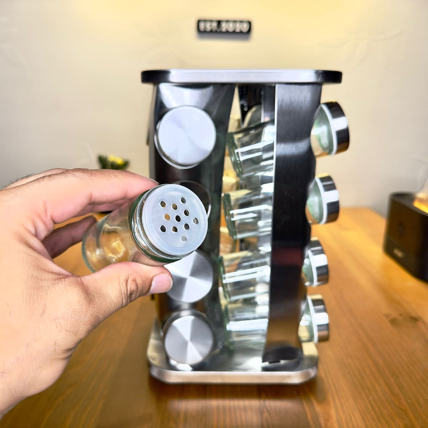 Rotating Spice Carousel Set - 16 Glass Jars with Stainless Steel Frame