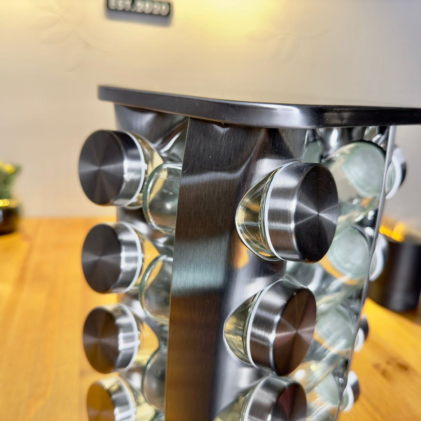 Rotating Spice Carousel Set - 16 Glass Jars with Stainless Steel Frame
