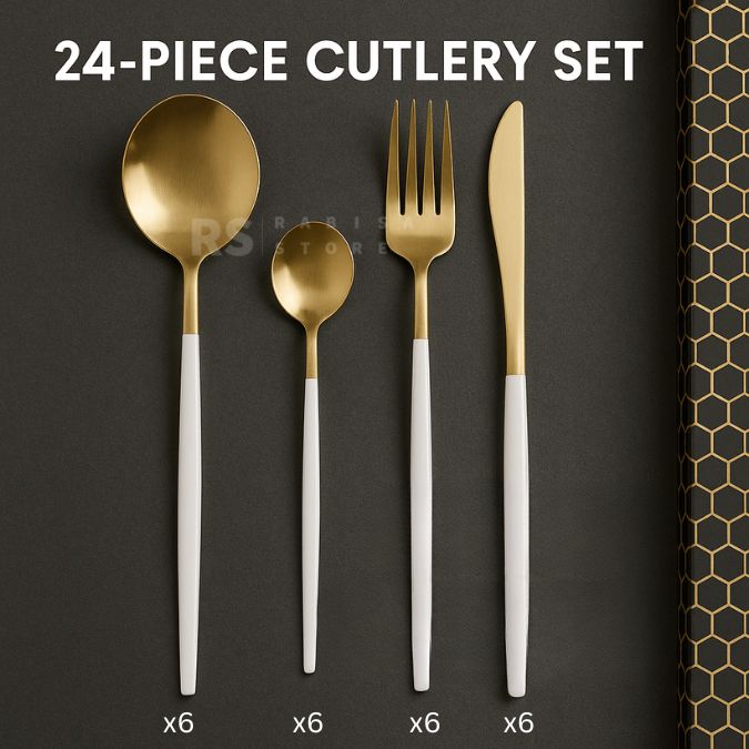 24-Piece Premium Gold Cutlery Set – Stainless Steel Flatware for 6 | Forks, Knives, Spoons with Gift Box | Green, White, Rose Gold, Golden