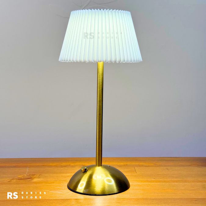 Elegant Rechargeable Touch LED Table Lamp – White Pleated Shade & Golden Base