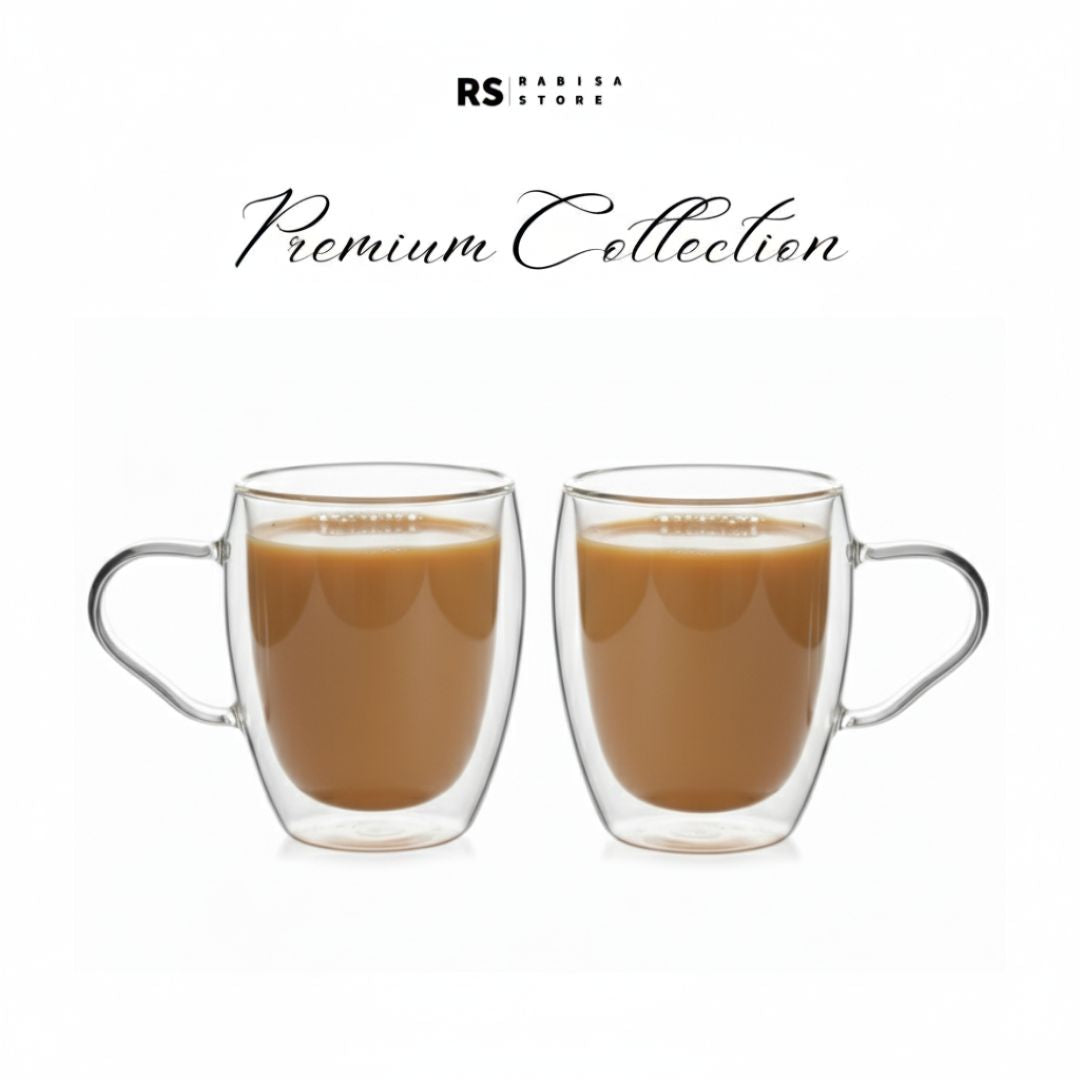 Pack of 2 Premium 200ml Regular Double Wall Glass Mug Pair Insulated, Hand Safe, Modern Design