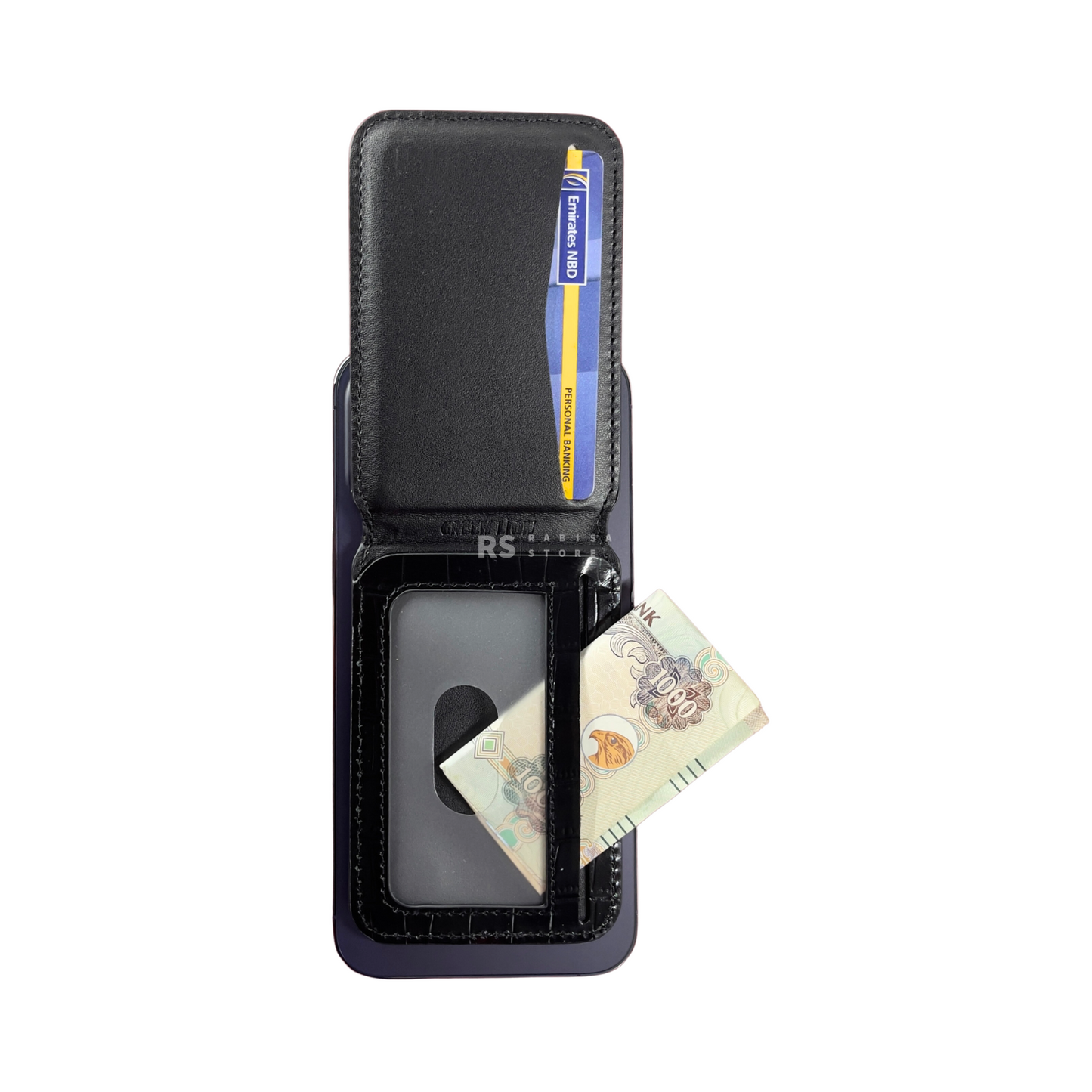 Mini MagSafe Bi Fold Wallet And Phone Stand Genuine Leather Black