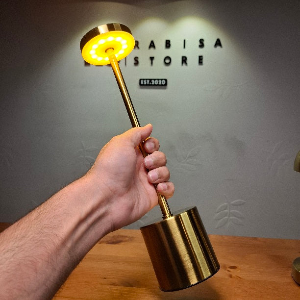 Golden Retro Tall LED Desk Lamp - 3 Light Modes, Dimmable, and USB Rechargeable