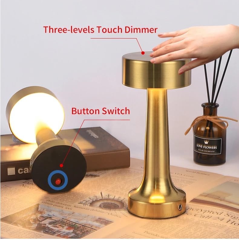 Golden LED Desk Lamp with Touch Sensor - 3 Light Modes, Dimmable, and USB Rechargeable