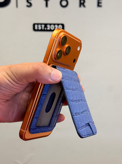 Mini MagSafe Bi Fold Wallet And Phone Stand Genuine Leather Blue