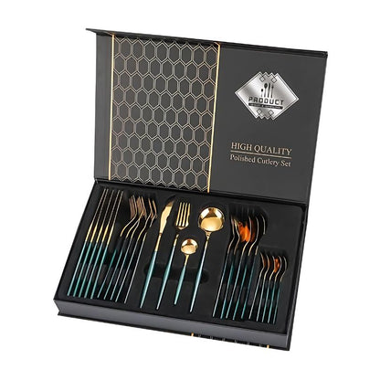 24 Piece Premium Gold Cutlery Set Stainless Steel Flatware for 6 | Forks, Knives, Spoons with Gift Box | Green, White, Rose Gold, Golden
