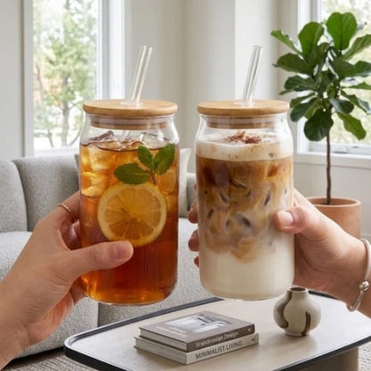 Tumbler Glass With Bamboo Lid & Glass Straw Round - 540ml