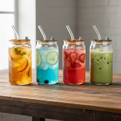 4 Tumblers on Wooden Table
