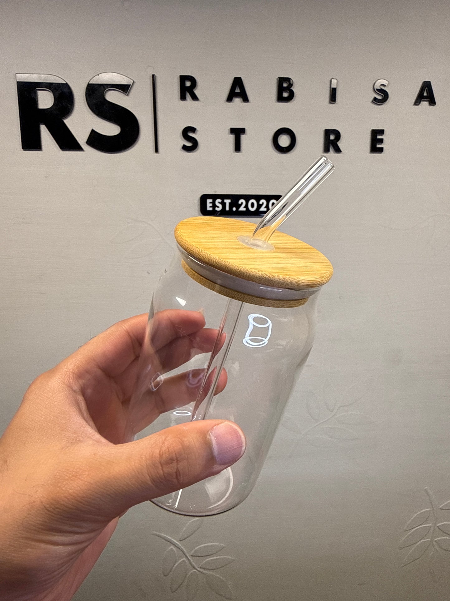 Tumbler Glass With Bamboo Lid & Glass Straw Round - 540ml