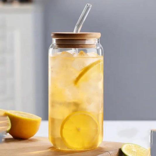 Tumbler Glass With Bamboo Lid & Glass Straw Round - 540ml
