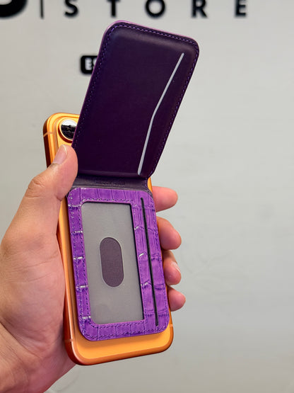 Mini MagSafe Bi Fold Wallet And Phone Stand Genuine Leather Purple