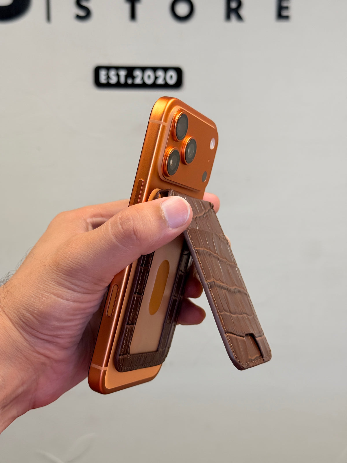 Mini MagSafe Bi Fold Wallet And Phone Stand Genuine Leather Brown