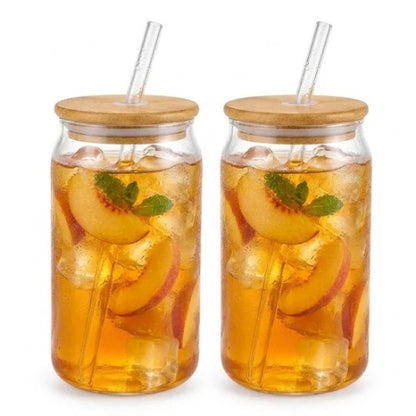 Tumbler Glass With Bamboo Lid & Glass Straw Round - 540ml