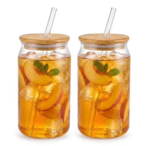 Tumbler Glass With Bamboo Lid & Glass Straw Round - 540ml