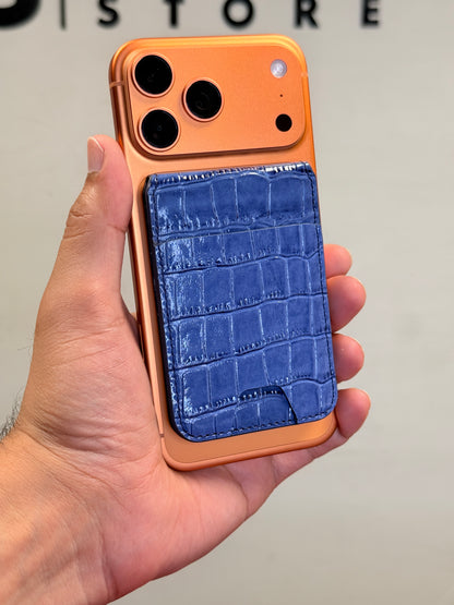 Mini MagSafe Bi Fold Wallet And Phone Stand Genuine Leather Blue