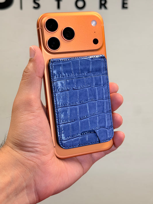 Mini MagSafe Bi Fold Wallet And Phone Stand Genuine Leather Blue