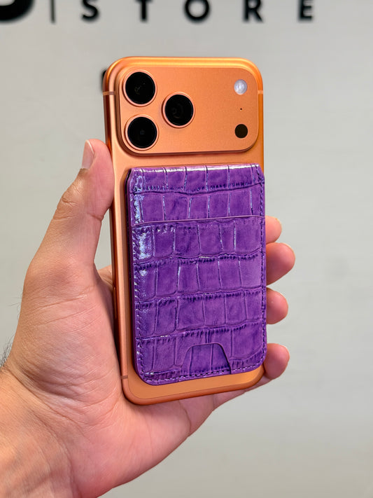 Mini MagSafe Bi Fold Wallet And Phone Stand Genuine Leather Purple