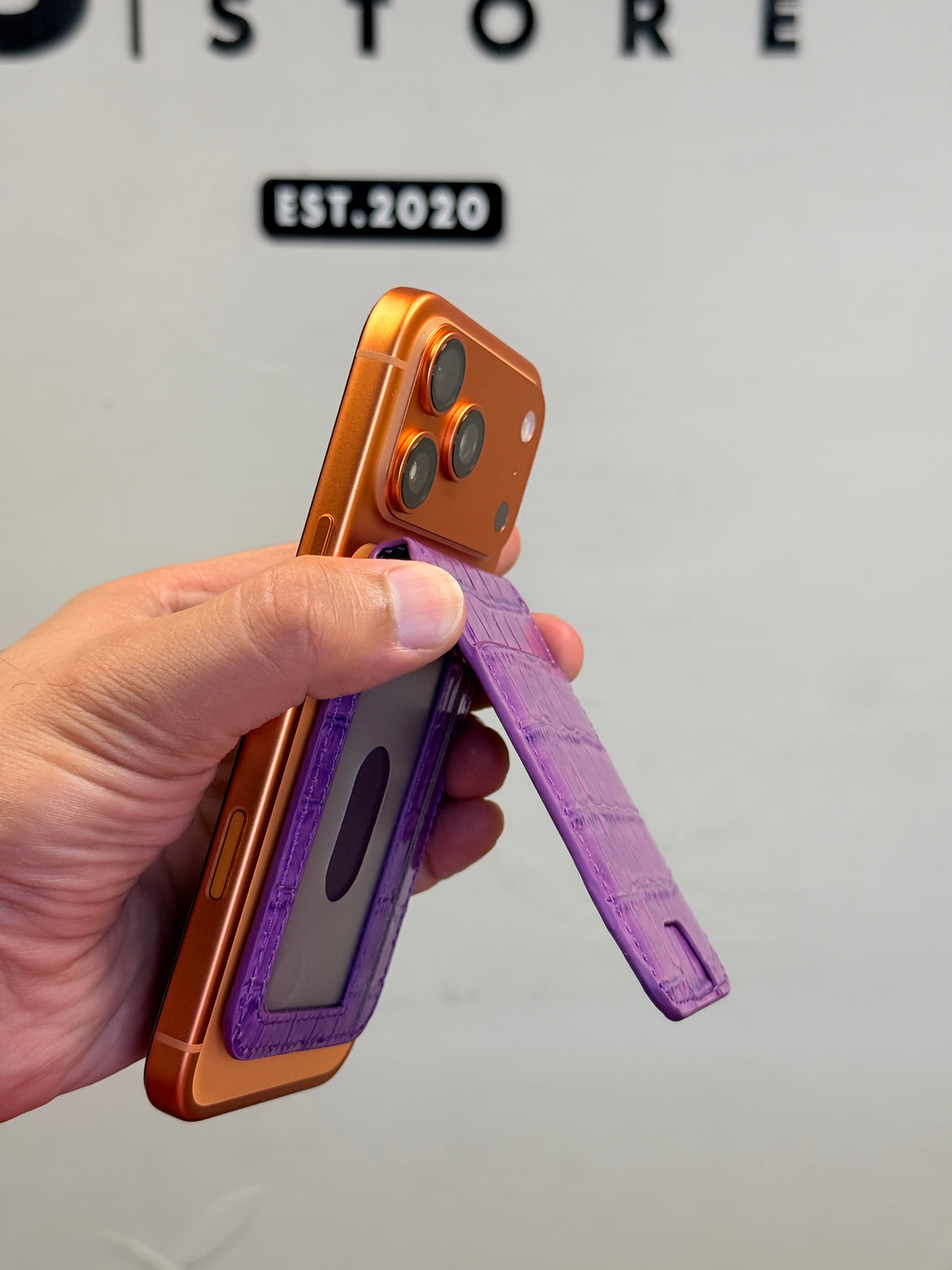 Mini MagSafe Bi Fold Wallet And Phone Stand Genuine Leather Purple
