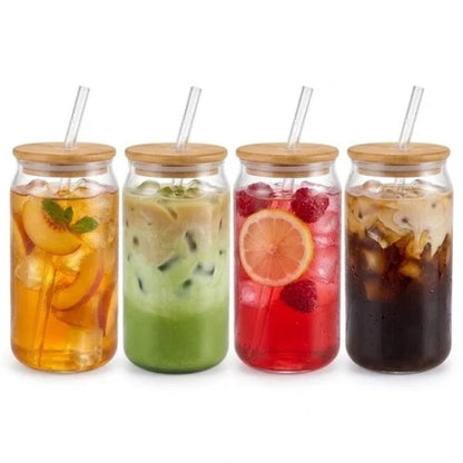 Tumbler Glass With Bamboo Lid & Glass Straw Round - 540ml