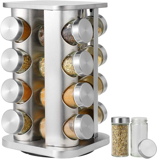 Rotating Spice Carousel Set - 16 Glass Jars with Stainless Steel Frame