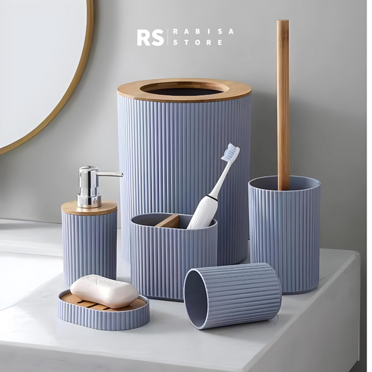 Premium Bamboo Wood Top 6-Piece Bathroom Set- Grey