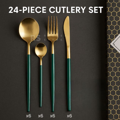 24 Piece Premium Gold Cutlery Set Stainless Steel Flatware for 6 | Forks, Knives, Spoons with Gift Box | Green, White, Rose Gold, Golden